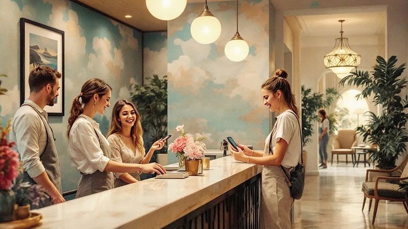 Guests checking into a hotel looking at information on the phone about their stay